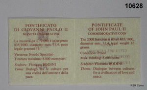 VATICAN 2000 LIRA 2001 SILVER PROOF JOHN PAUL II DIALOG FOR PEACE #10628