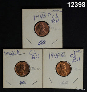1946 P-D-S CHOICE BU LINCOLN CENT RED 3 COIN SET #12398
