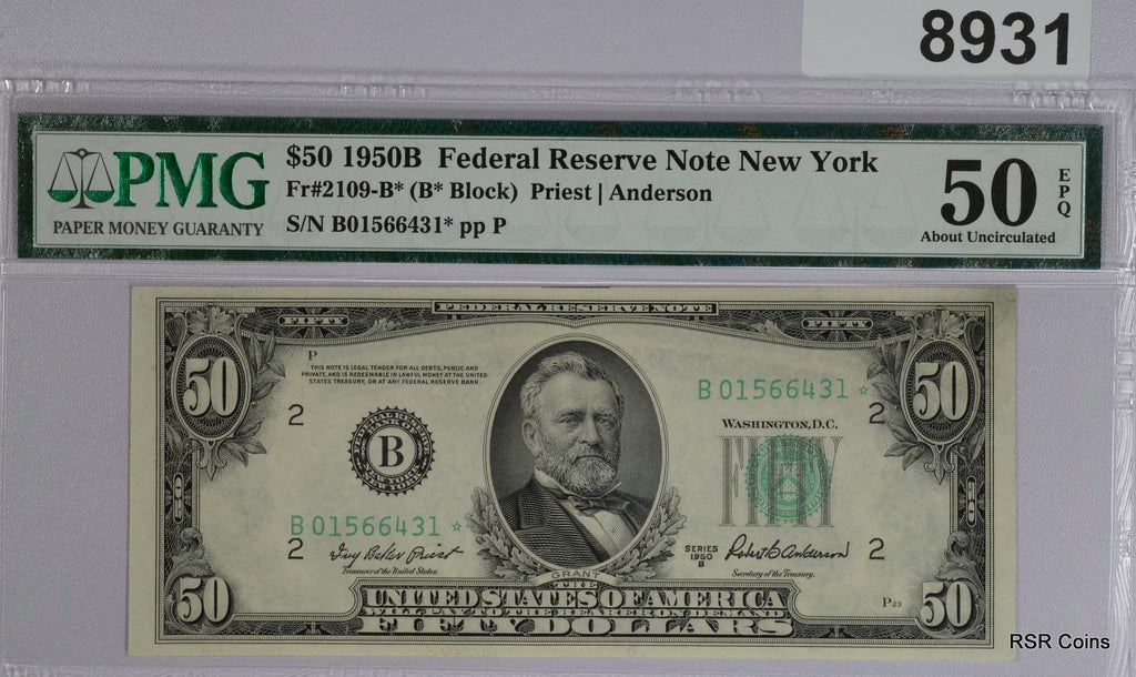 $50 1950 B FEDERAL RESERVE NOTE NY FR#2109-B* STAR PMG CERTIFIED 50 EPQ #8931