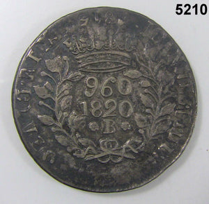 1820 B BRAZIL 960 REIS SILVER COIN STRUCK ON 1916 8 REALS AU #5210