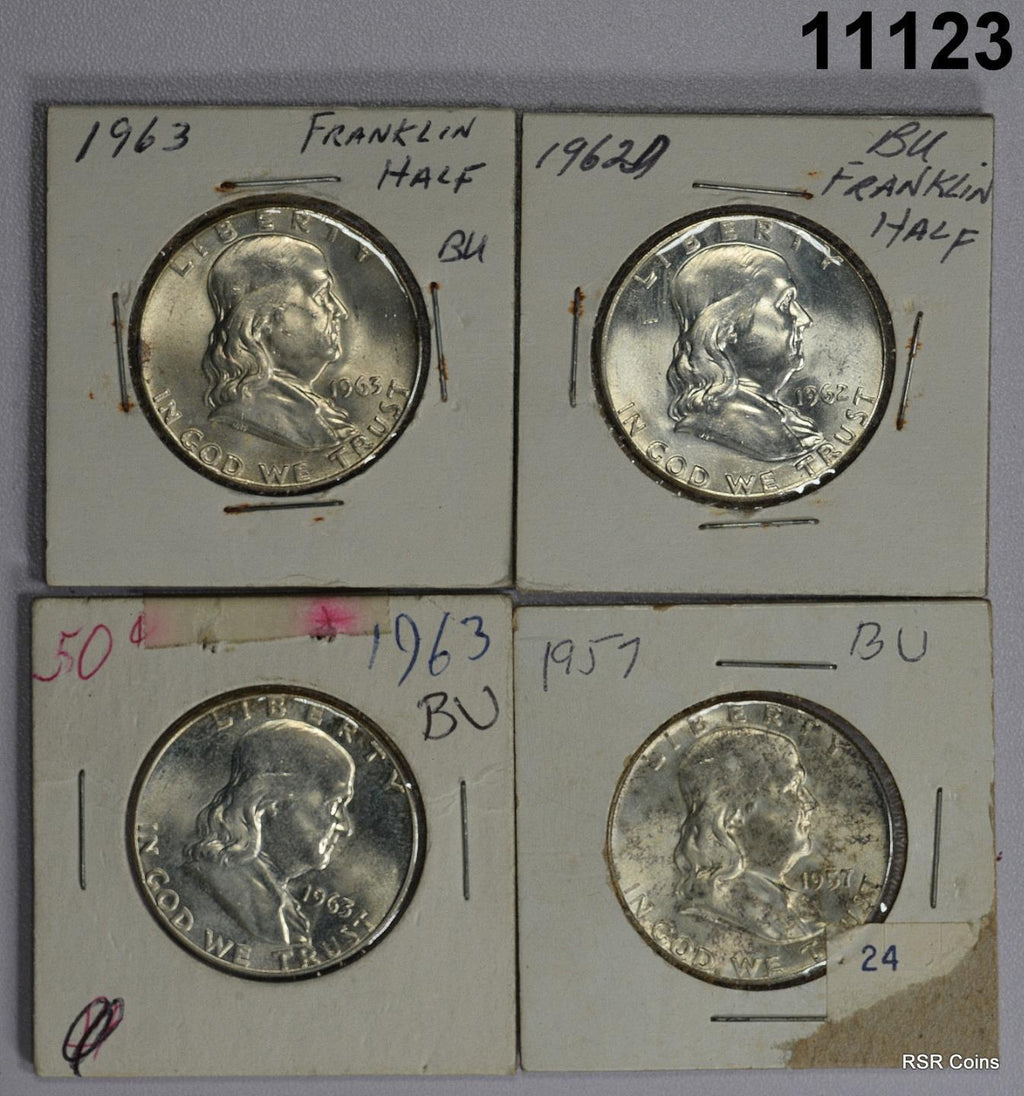 4 COIN FRANKLIN HALF DOLLARS BU 1957,1962D, (2)1963 ALL NICE! #11123