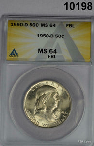 1950 D FRANKLIN HALF DOLLAR ANACS CERTIFIED MS64 FBL SUPER BLAST WHITE #10198