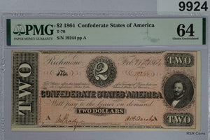 1864 CSA $2.00 NOTE T-70 PMG CERTIFIED 64 POP: 44 #9924