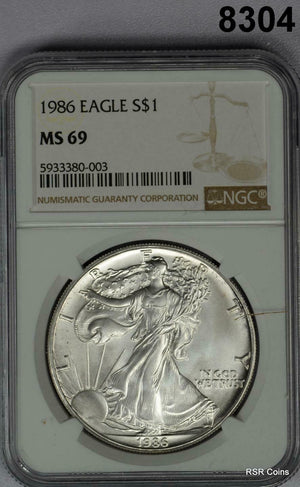 1986 AMERICAN .999 PURE SILVER DOLLAR EAGLE NGC CERTIFIED MS69 1ST YEAR #8304