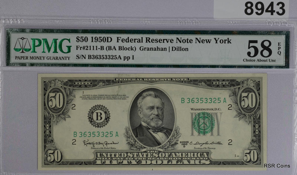 $50 1950 D FEDERAL RESERVE NOTE NEW YORK FR#2111-B PMG CERTIFIED 58 EPQ #8943