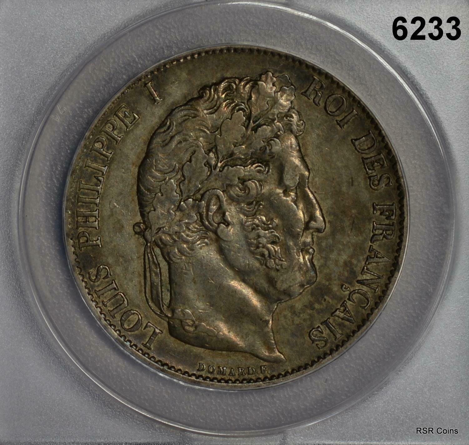 1874 A 5 FRANC FRANCE LOUIS PHILIPPE ANACS CERTIFIED EF45 #6233