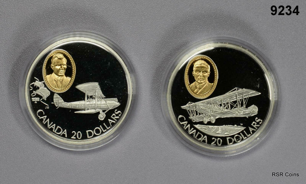 SET OF 2- 1992 CANADA $20 SILVER PROOF COINS GYPSY MOTH & CURTISS JN4  #9234