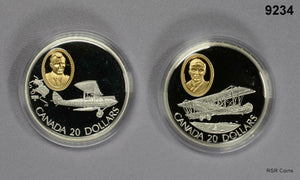 SET OF 2- 1992 CANADA $20 SILVER PROOF COINS GYPSY MOTH & CURTISS JN4  #9234