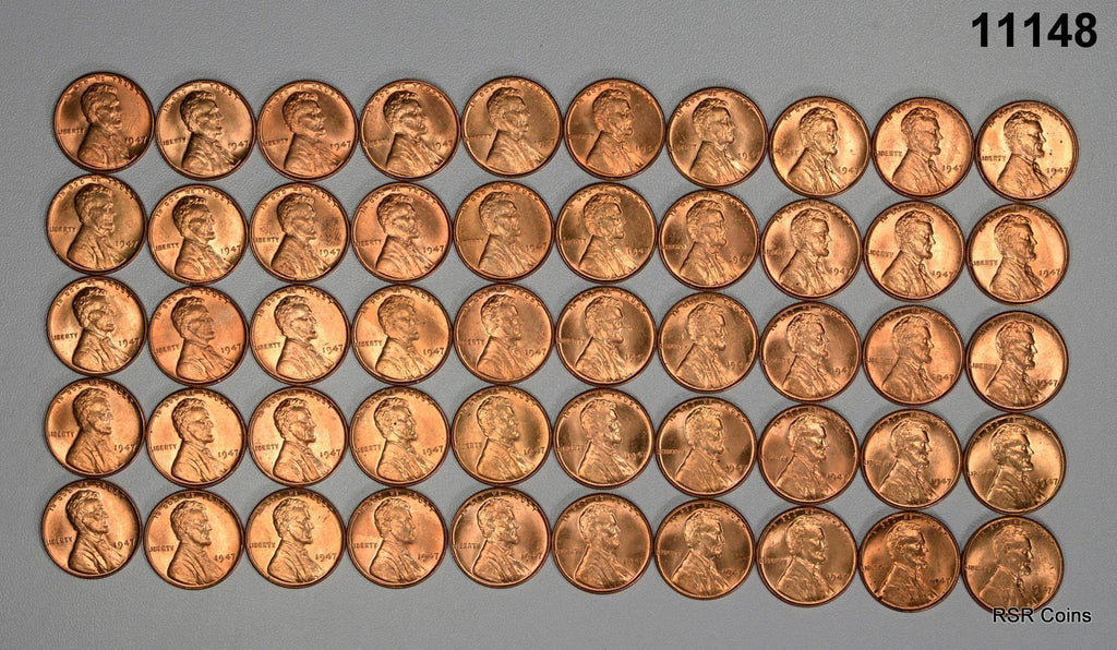 1947 ROLL OF 50 CHOICE BU+ LINCOLN CENTS NICE! #11148