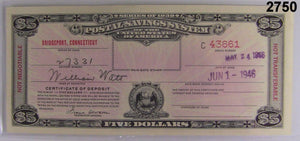 1939 POSTAL SAVINGS SYSTEM OF UNITED STATES OF AMERICA $5.00 BRIDGEPORT,CT #2750