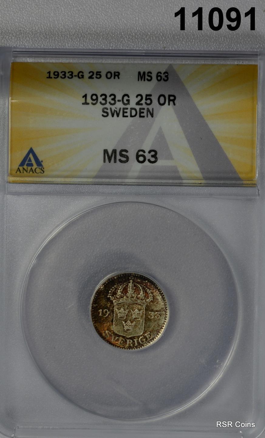 1933 G SWEDEN 25 ORE ANACS CERTIFIED MS63! #11091