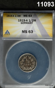 1919 A GERMANY 1/2 MARK ANACS CERTIFIED MS63! #11093
