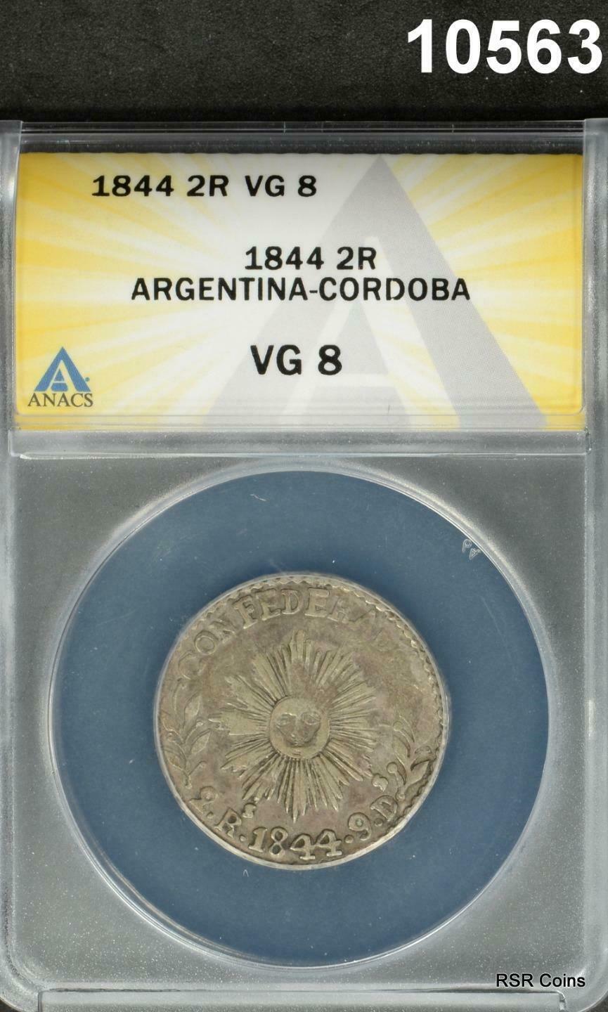 1844 2 REALES ARGENTINA CORDOBA ANACS CERTIFIED VG8 NICE! #10563