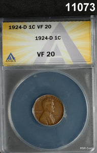 1924 D LINCOLN CENT ANACS CERTIFIED VF20 NICE!! #11073