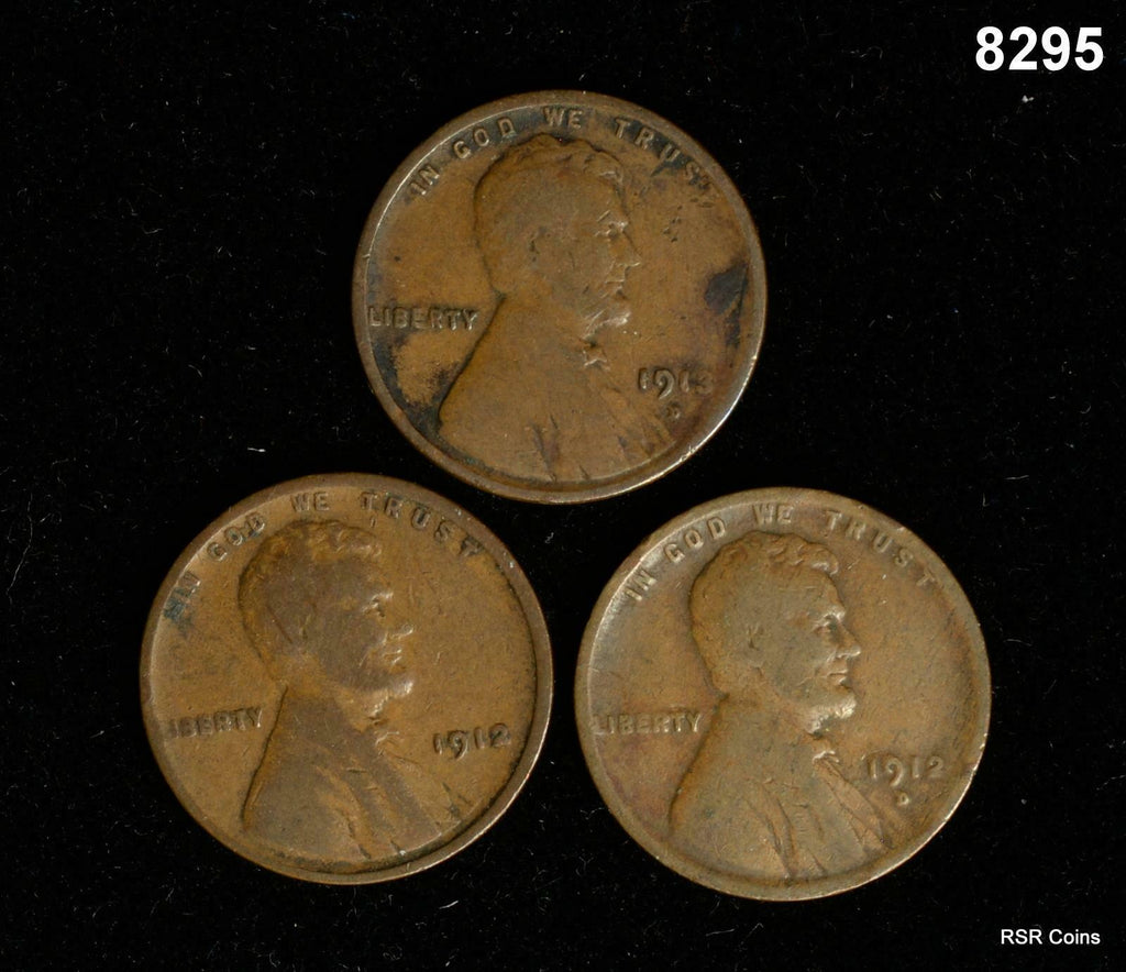3 COIN LINCOLN CENT LOT: 1913 D, 1912 D, 1912 G-F! #8295