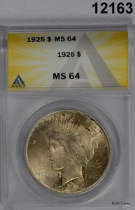 1925 PEACE SILVER DOLLAR ANACS CERTIFIED MS64 GOLDEN COLOR! WOW!  #12163