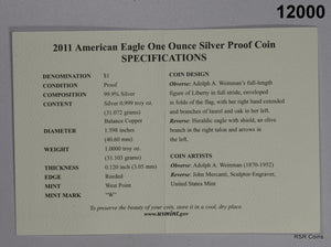 2011 W PROOF SILVER EAGLE MINT BOX & COA GEM!! #12000