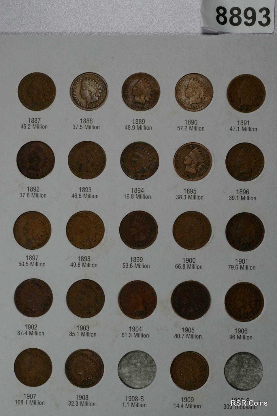 SET INDIAN HEAD CENTS 1980-1909 (NO S'S) GOOD- FINE+ 3 OR SO CLEANED #8893