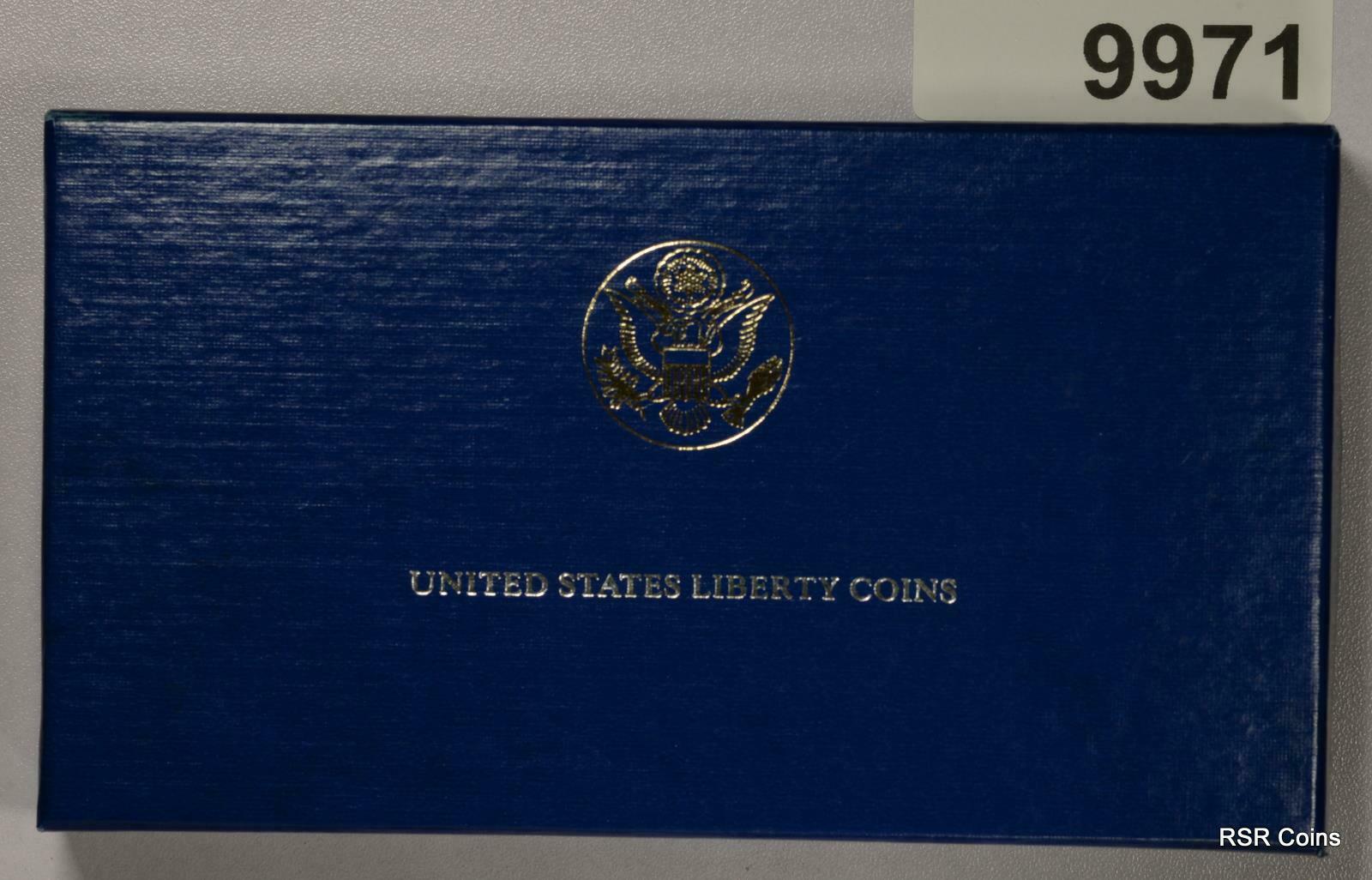 UNITED STATES LIBERTY COINS PROOF $5. GOLD, SILVER AND HALF DOLLAR IN BOX #9971
