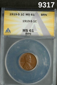 1919 S LINCOLN CENT ANACS CERTIFIED MS61 BRN- WOW!! #9317