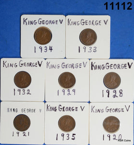 CANADA KING GEORGE V LOT 8 CENTS 1920,21,28,29,32,33,34,35 VF-AU! #11112