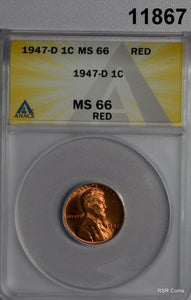 1947 D LINCOLN CENT ANACS CERTIFIED MS66 RD! FINE RED! #11867
