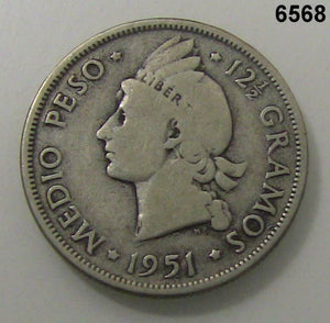 1951 DOMINICAN REPUBLIC 1/2 PESO .900 SILVER! #6568