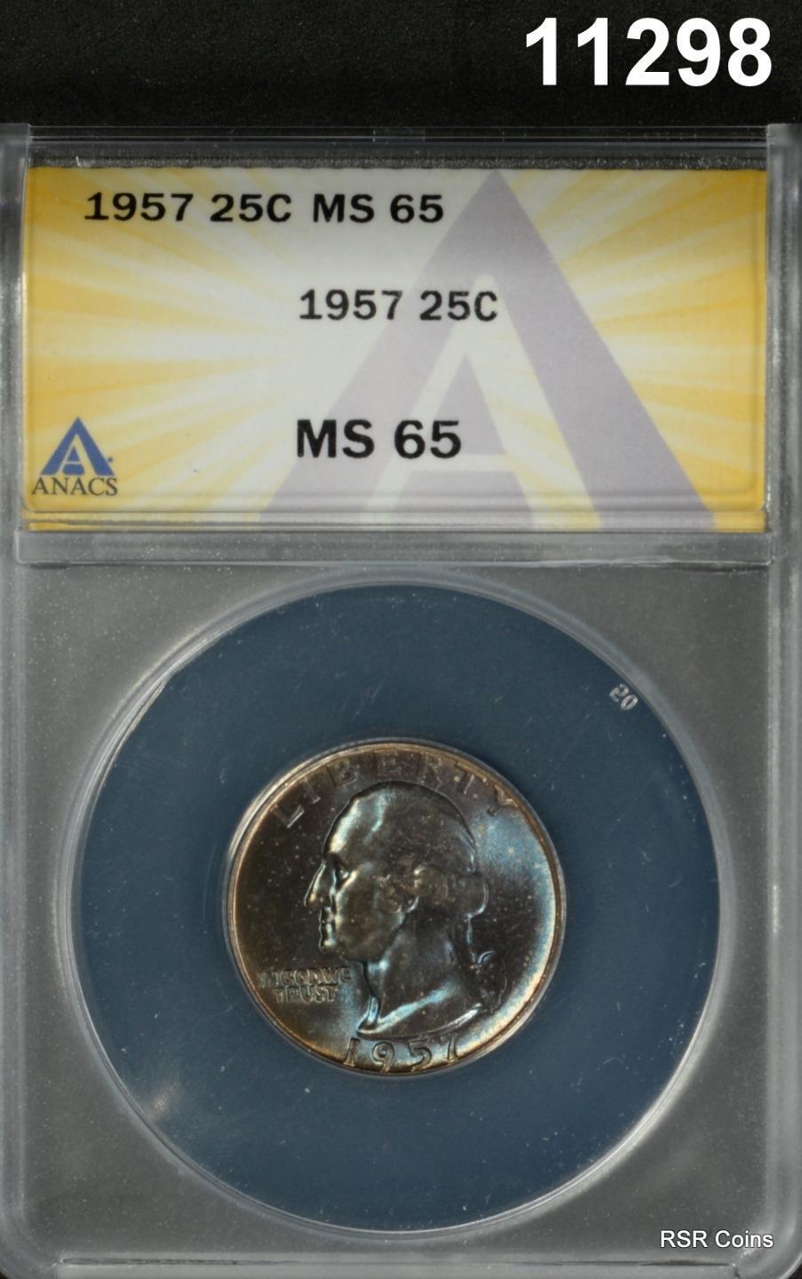 1957 WASHINGTON QUARTER ANACS CERTIFIED MS65 WILD BLUE-GOLD MINT SET! #11298