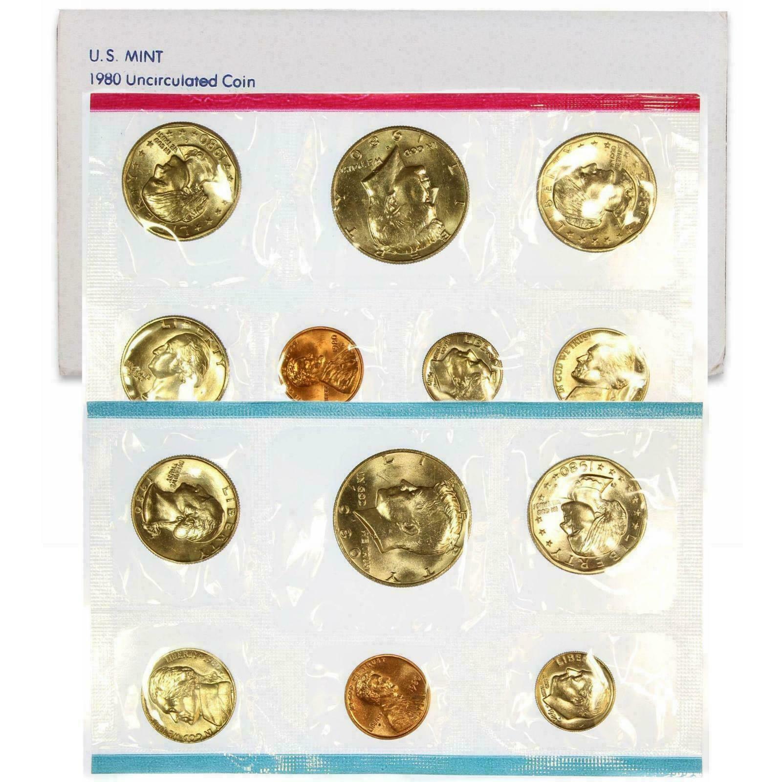 1980 Mint Set Original Envelope 13 Brilliant Uncirculated US Coins BU SET