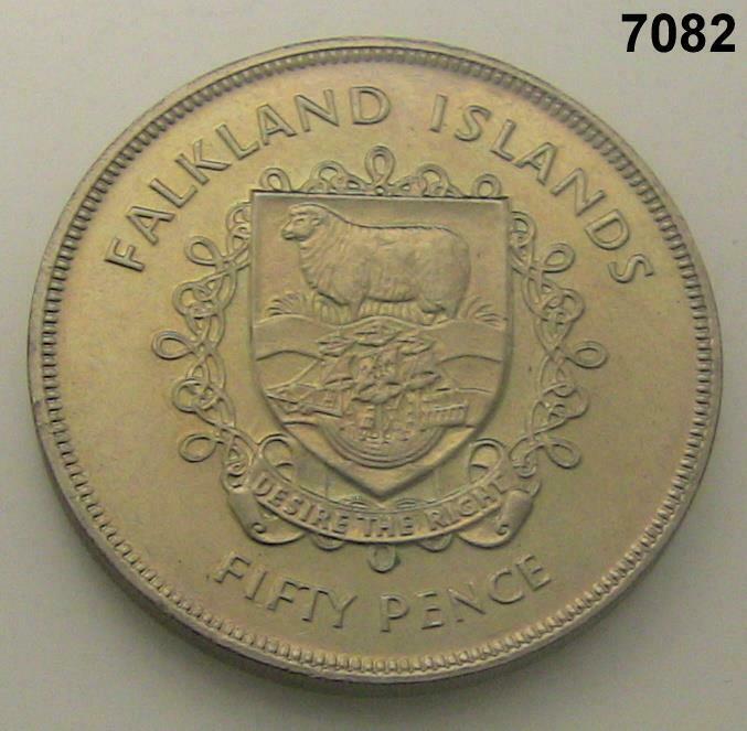 FALKLAND ISLAND 1977 50 PENCE SILVER JUBILEE COMMEMORATIVE GEM BU #7082
