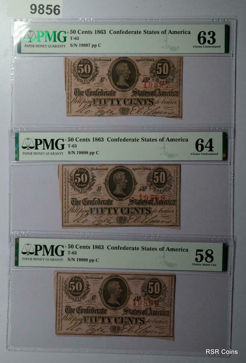 1863 CONFEDERATE STATES OF AMERICA 50 CENTS PMG CERTIFIED 10 CONSEC NOTES! #9856
