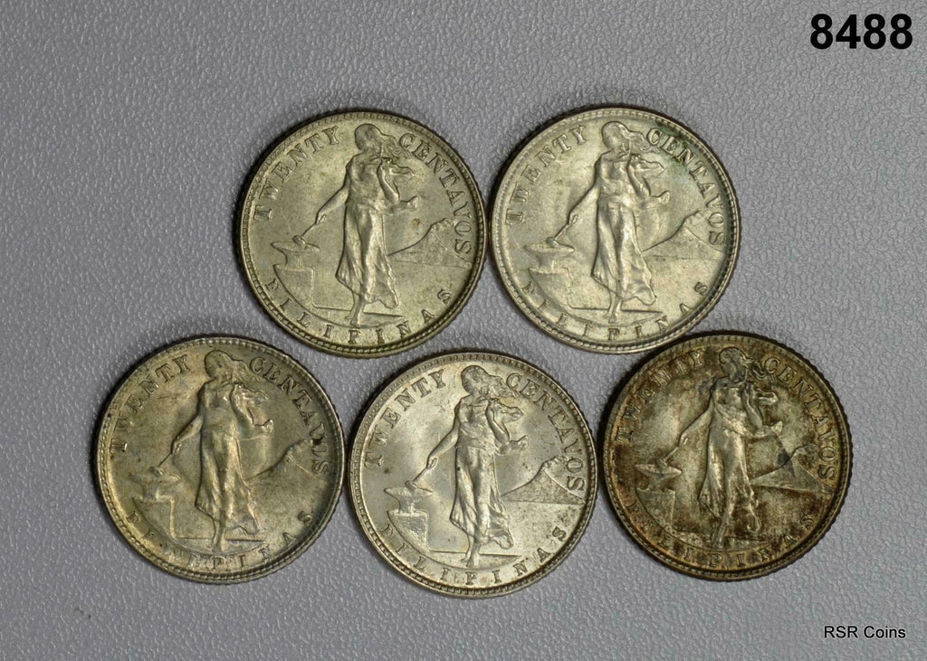 LOT OF 5- 1944-45 PHILIPPINES 20 CENTAVOS WWII COINS! #8488