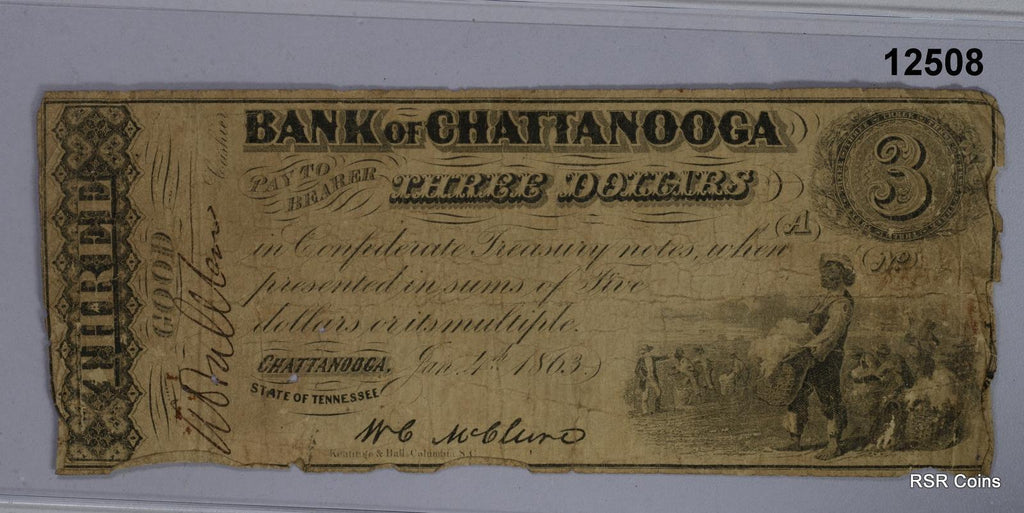 BANK OF CHATTANOOGA $3 CONFEDERATE NOTE CIVIL WAR SLAVE COTTON SCENE! #12508