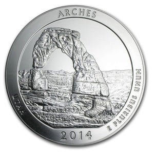 2014 P Arches National Park - UTAH - Silver ATB 5oz .999 SILVER W/Box COA GEM BU