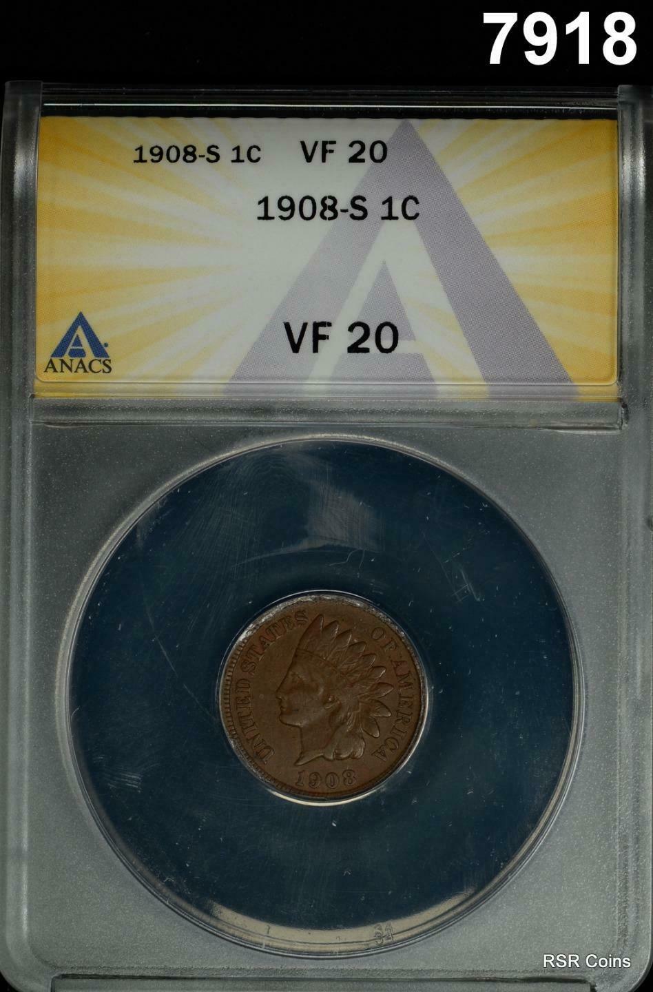 1908 S INDIAN HEAD CENT SCARCE DATE! ANACS CERTIFIED VF20! #7918