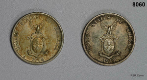 LOT OF 2- 1944'S 50 CENTAVOS SILVER PHILIPPINES AU WWII COINS! #8060