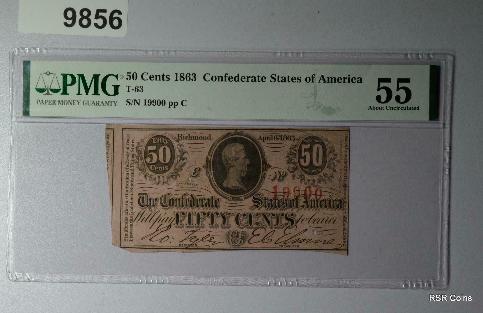 1863 CONFEDERATE STATES OF AMERICA 50 CENTS PMG CERTIFIED 10 CONSEC NOTES! #9856