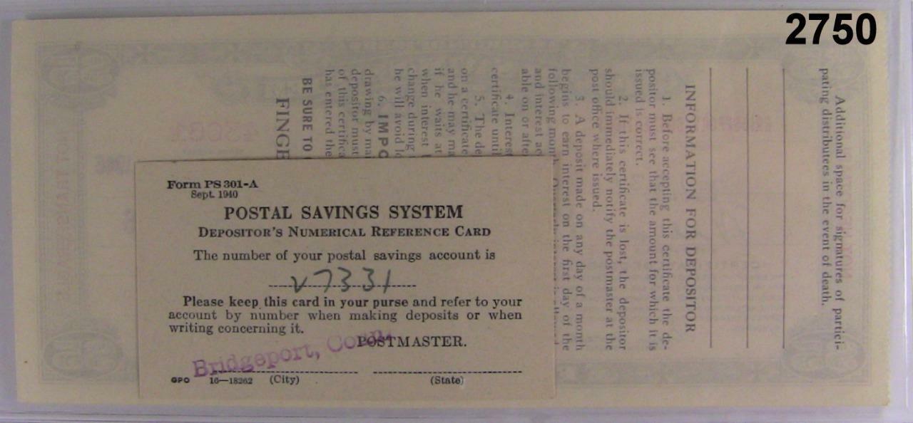 1939 POSTAL SAVINGS SYSTEM OF UNITED STATES OF AMERICA $5.00 BRIDGEPORT,CT #2750