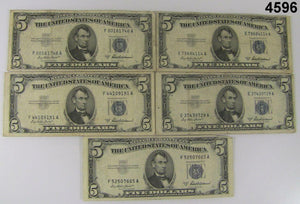 LOT OF FIVE 1953 A $5 SILVER CERTIFICATES NICE VERY GOOD TO FINE CONDITION #4596
