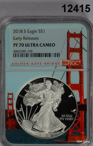 2018 S SILVER EAGLE NGC CERTIFIED ER PF70 ULTRA CAMEO GOLDEN GATE! PERFECT#12415
