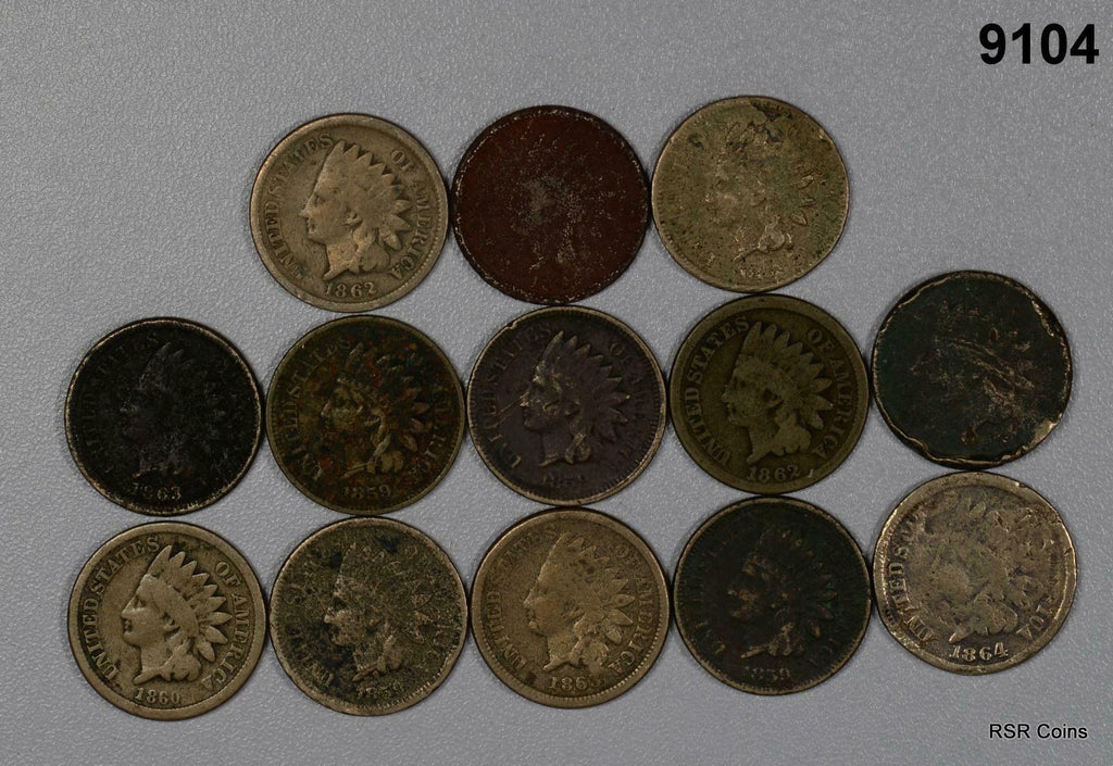 1859-63 COPPER NICKEL INDIAN HEAD CENT CULL LOT 13 COINS! #9104