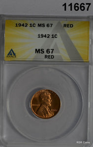1942 LINCOLN WHEAT CENT ANACS CERTIFIED MS67 RED FLASHY! #11667