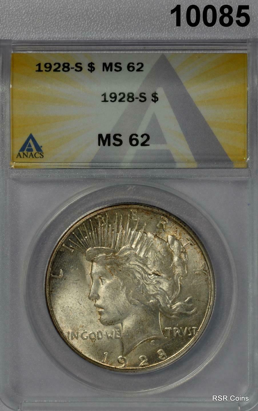 1928 S PEACE SILVER DOLLAR ANACS CERTIFIED MS62 GOLDEN COLORS! #10085