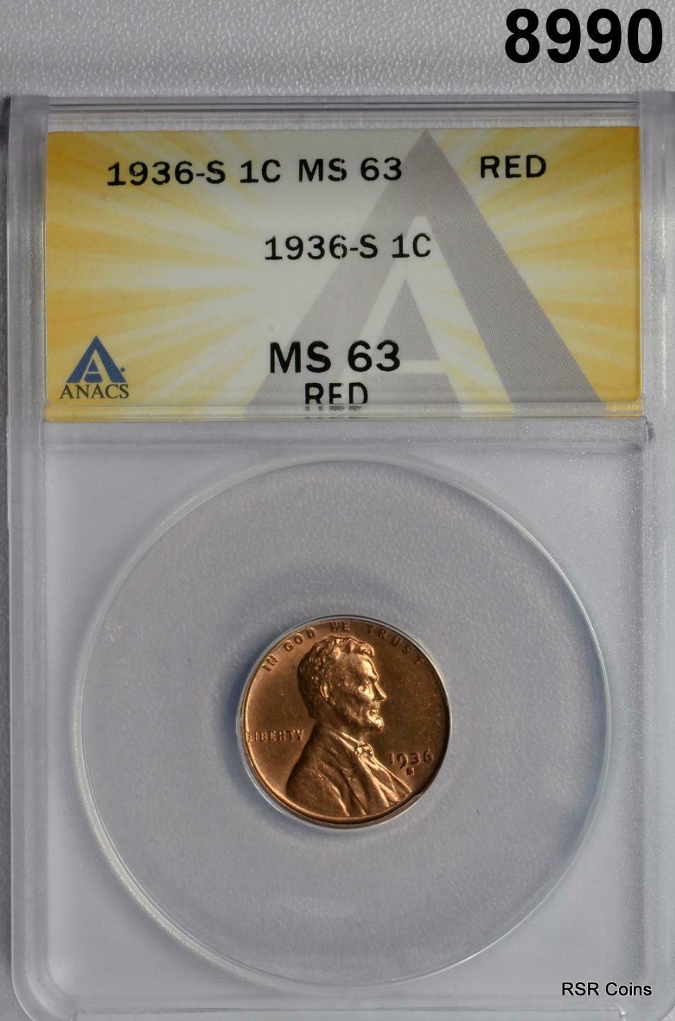 1936 S LINCOLN CENT ANACS CERTIFIED MS63 RED! #8990
