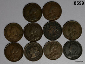 LOT OF 10 CANADIAN LARGE CENTS LATE 1800'S TO EARLY 1900'S! #8599