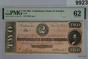 1864 CSA $2.00 NOTE T-70 PMG CERTIFIED 62 POP: 64! #9923