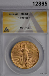 1922 ST. GAUDENS $20 DOUBLE EAGLE GOLD ANACS CERTIFIED MS61 LOOKS BETTER! #12865