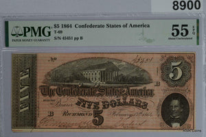 2 CONSEC SERIAL #45450 & 45451 T69 CONFEDERATE CSA $5 NOTES PMG CERTIFIED  #8900