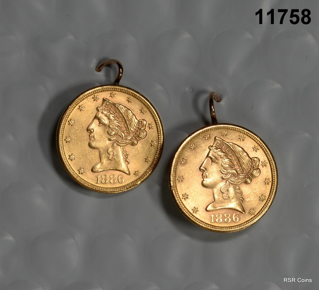 1886 MOUNTED PAIR OF $5 GOLD LIBERTY COIN EARRING SET! OBVERSE AU/BU NICE #11758