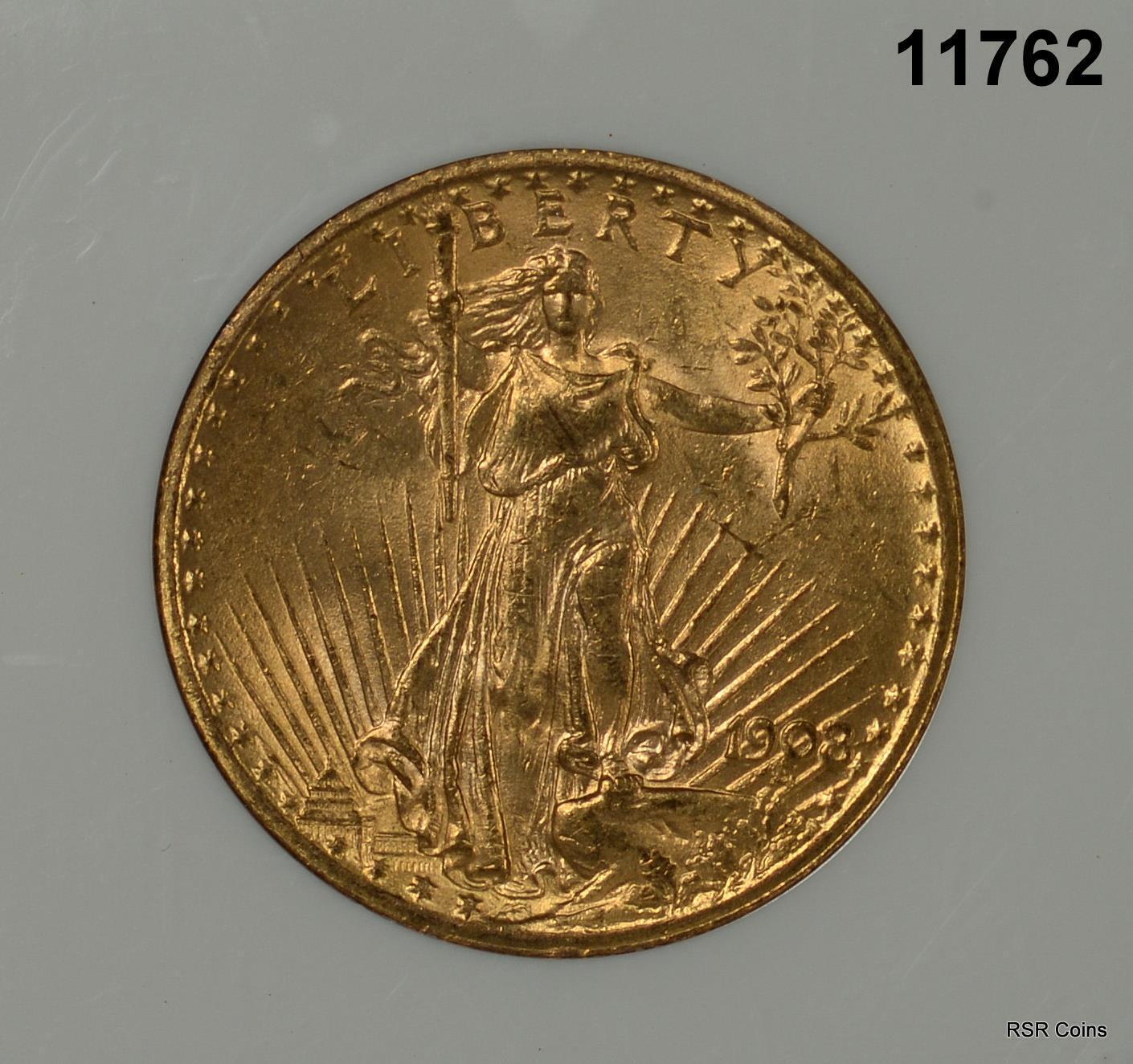 1908 NO MOTTO $20 ST GAUDENS GOLD DOUBLE EAGLE NGC CERTIFIED MS63! #11762